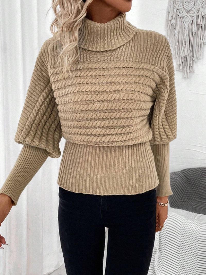 Damenbekleidung Pullover Hoher Kragen Langarm Strickpullover Hochhals Strickpullover Winterpullover Langarm Zopfmuster Gerippt Einfarbig Oberteil_voghion.com