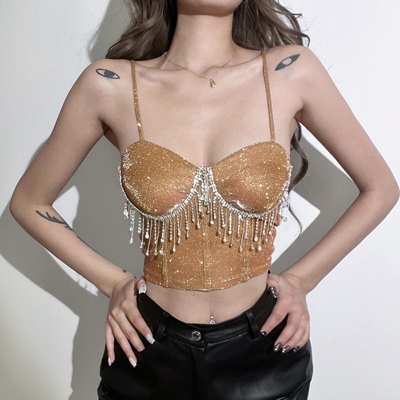 Europese en Amerikaanse stijl 2024 lente en zomer nieuwe damesbretels, kraag met één woord, strasskwastjes, sexy navelstreng slim-fit vest dames_voghion.com