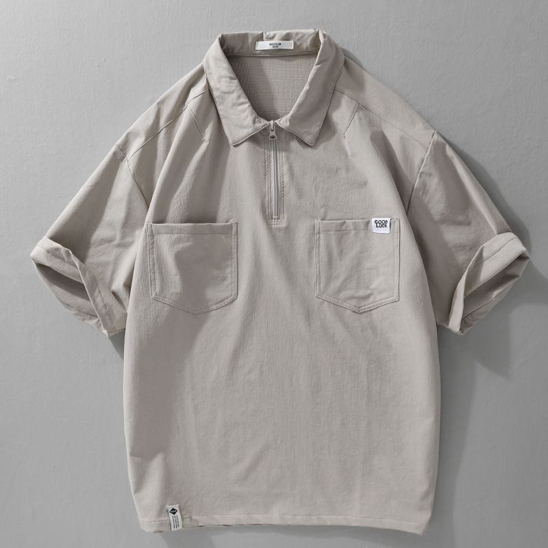 Camicia da lavoro da uomo in stile retrò da montagna, a maniche corte, estiva, alla moda, ad asciugatura rapida, traspirante, con colletto e mezza cerniera._voghion.com