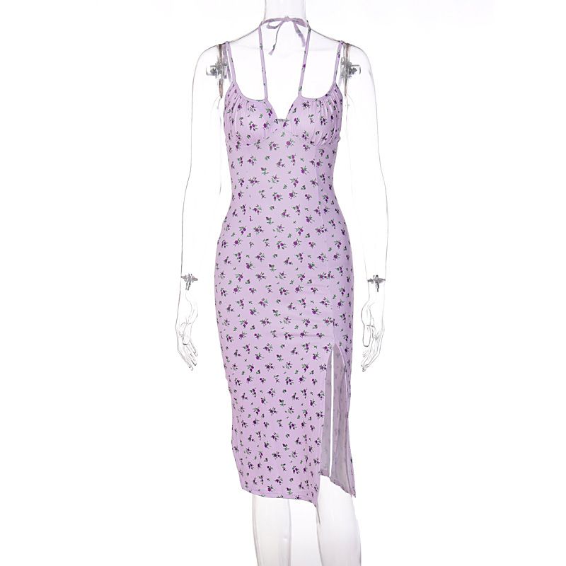 Robe à bretelles fendues et à fleurs pour femme, nouveauté tendance été 2025_voghion.com