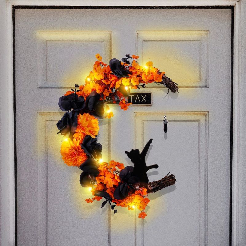 Oranje en zwarte maan kat Halloween buiten tuindecoratie krans deur hangende sfeer_voghion.com