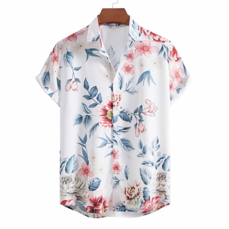 Chemise d'été imprimée florale pour hommes, mode coréenne, manches courtes, col rabattu, chemise de plage, vacances, chemise hawaïenne pour hommes_voghion.com
