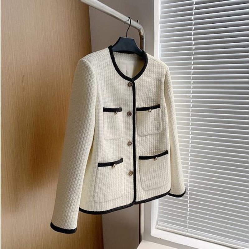 Elegant Plus Size Tweed Jacket For Women - Round Neck, Loose Fit, Versatile & Stylish Outerwear_voghion.com