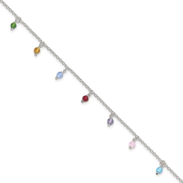 Sterling Silver Polished Multi-colored Beads 9in Plus 1in Ext. Anklet_voghion.com