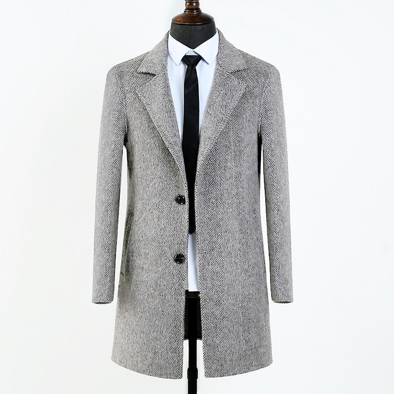Men's Double-Faced Wool Coat – Herringbone Pattern Oversized Trench (XL-3XL, Unlined Breathable, Wrinkle-Free, Slanted Hem)_voghion.com