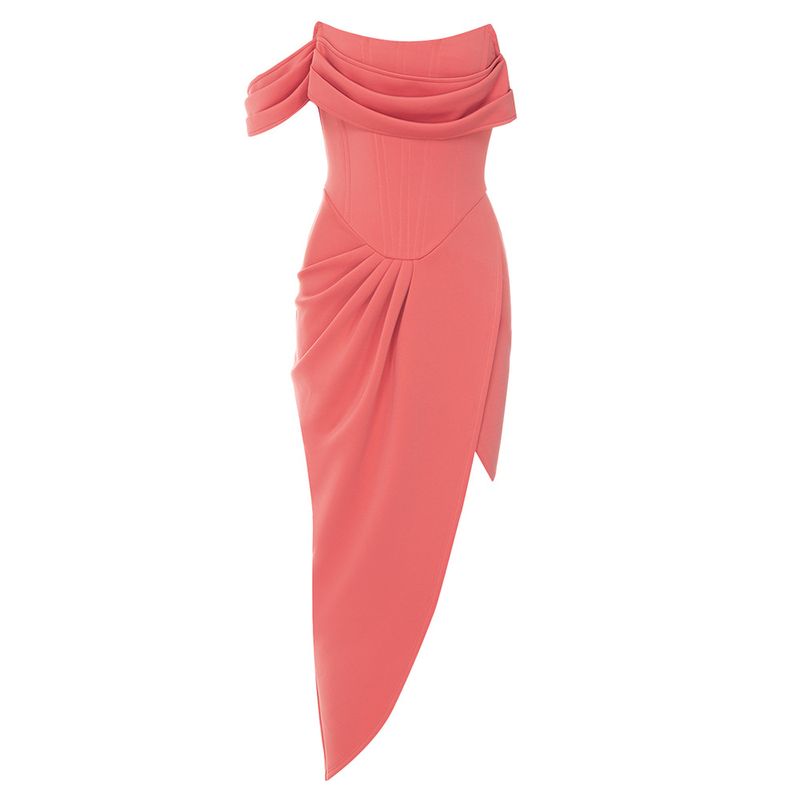 women's  simple and sexy one-shoulder strapless backless side slit pleated slim dress for women_voghion.com