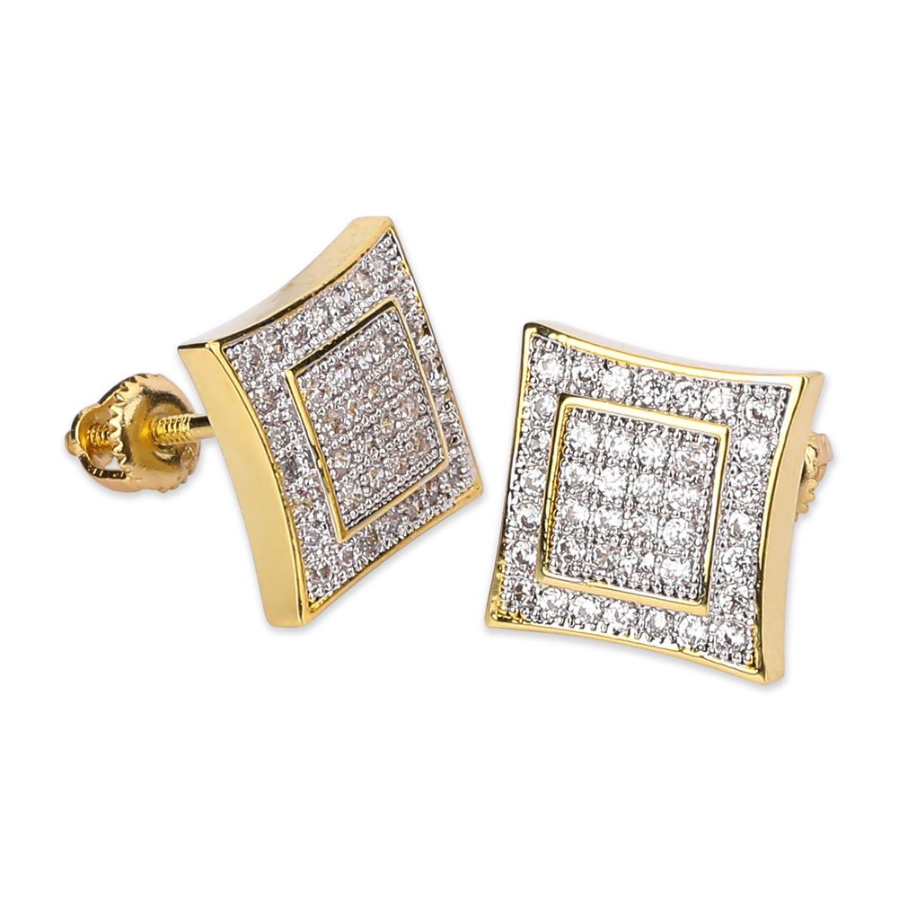Orecchini Hip Hop quadrati da uomo e da donna con zirconi cubici in oro e argento per uno stile alla moda._voghion.com