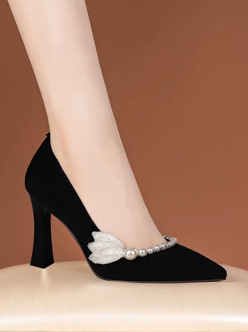 Women Elegant Pearl High Heels Chunky Heel Spring And Autumn New Soft Leather Pumps Pointed Toe Shallow Mouth_voghion.com