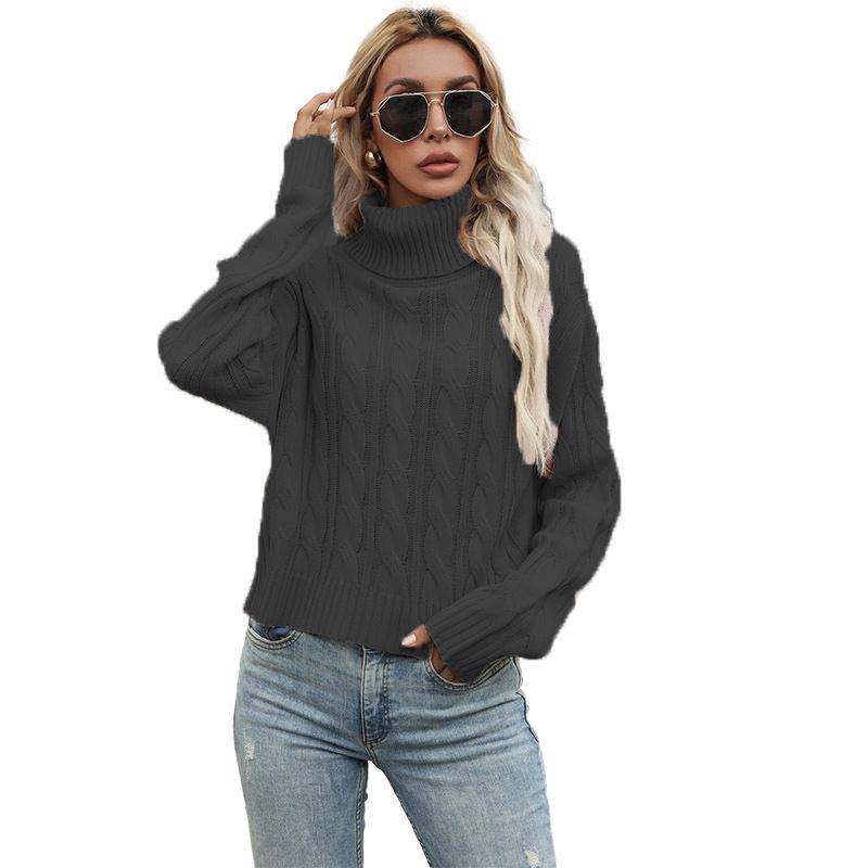 Rollkragenpullover für Damen, langärmelig, lockerer Freizeitpullover_voghion.com