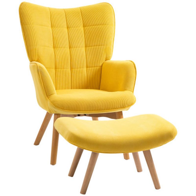 HOMCOM Relaxsessel Loungesessel Ohrensessel Mit Hocker In Gelb, Armlehnstuhl Mit Holzbeinen, Cord-Optik Für Gemütliches Sitzen_voghion.com