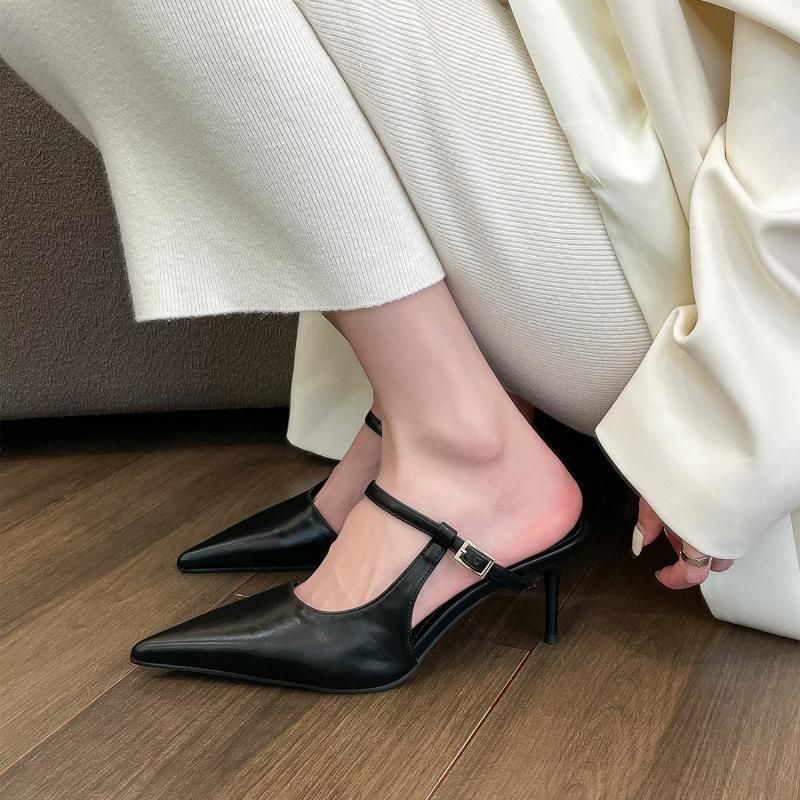 Beautiful Explosive 2025 Summer New Style, White Tea Pointed High-heeled With Toe Caps And Half Slippers For Women_voghion.com
