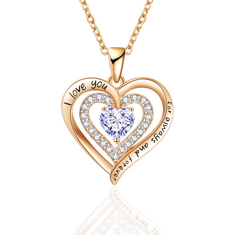 Halskette mit Geburtsstein für Damen, Roségold, Geburtsstein, Liebeskette, Anhänger, Diamant, herzförmige Halskette_voghion.com