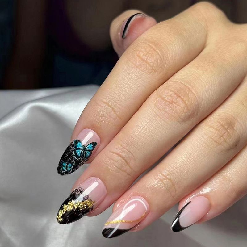 24Pcs Press Acrylic On Nails Short Almond False Nails Wih Star Designs Wearable French Fake Nails Set Manicure Almd_voghion.com