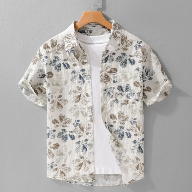 Camisa de lino estampada de manga corta para hombre, de verano, informal, holgada y moderna, versátil y juvenil._voghion.com