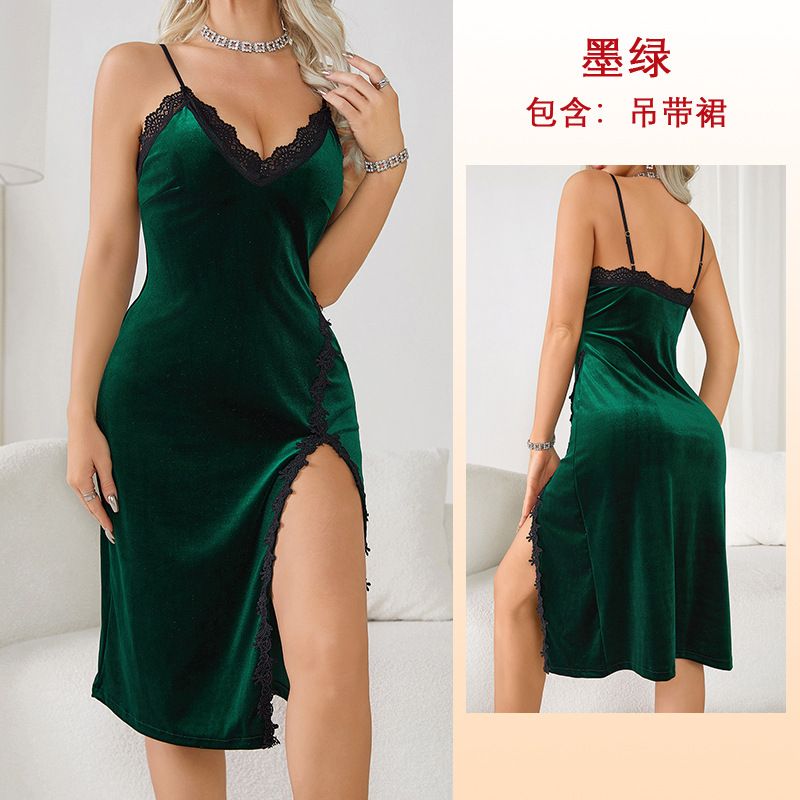 Comerț exterior transfrontalier european și american pijama sexy în v adânc, cămașă de noapte cu bretele lungi, din catifea, tentație acasă fără spate 341_voghion.com
