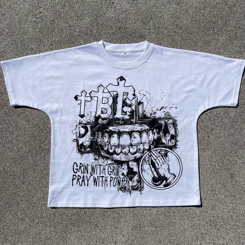 Maglione girocollo a maniche corte unisex con stampa retrò a contrasto, stile hip hop, primavera ed estate, largo e largo, stile High Street_voghion.com