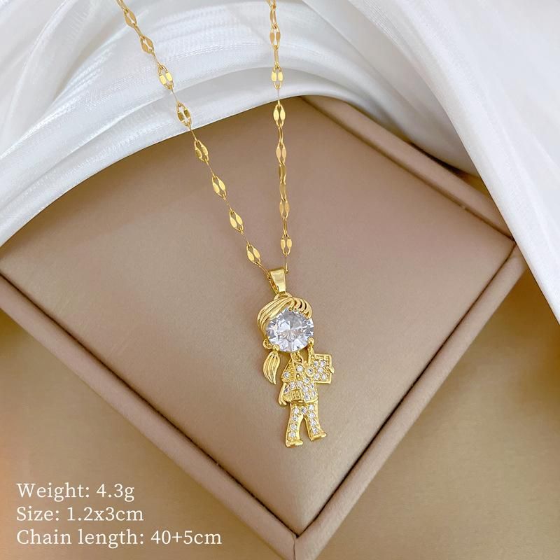 Collar con incrustaciones de circonitas y dijes de niña en color dorado para mujer, gargantilla de pareja, cadena colgante, accesorios de joyería Diy_voghion.com
