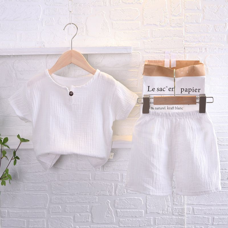 Conjunto de dos piezas de tela crepé de color sólido informal de verano 2024 de manga corta para niños y niñas y bebés_voghion.com