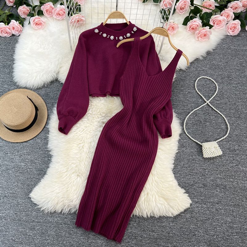 Femmes style Socialite col rond perlé taille haute court nombril-baring pull deux pièces fille chaude tricoté gilet robe pour les femmes_voghion.com