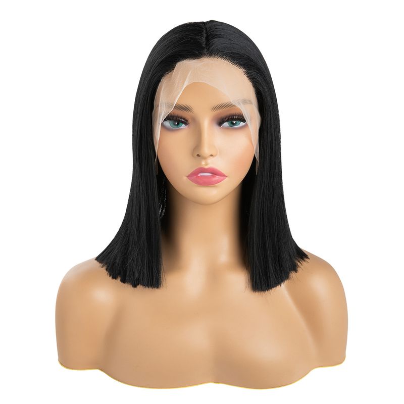 New wig headgear Women's Mid-length hand-woven front lace T-shaped rose net simulation wig wig_voghion.com