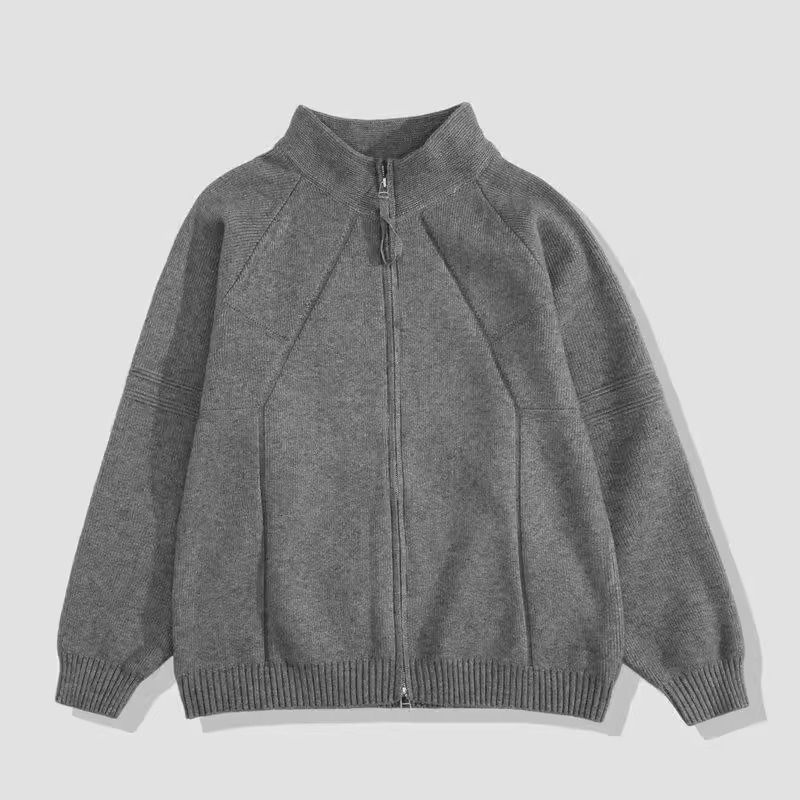 Novo casaco de malha com zíper duplo masculino para outono e inverno casual, solto e simples, cardigan com gola alta_voghion.com