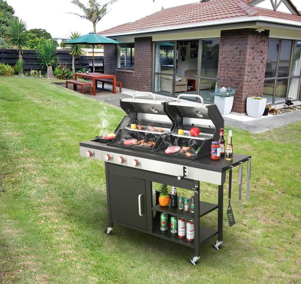 3-Burner Propane Gas BBQ Grill With Side Burner, Combined With Charcoal Grill, 37230BTU Output With Enameled Cast Iron Cooking Grids For Outdoor Barbecue, Stainless Steel_voghion.com