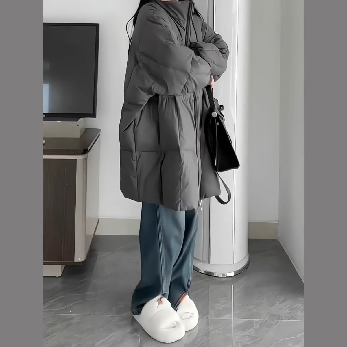 Women's Winter Down Cotton Coat, Thickened Long Puffer Jacket, Korean Style Loose Fit Stand Collar Outerwear With Pockets (Black, Khaki, Gray)_voghion.com