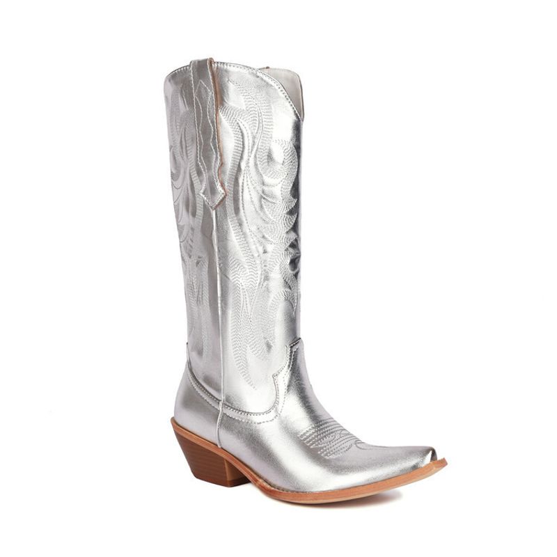 Embroidered western boots Cowboy boots pointed chunky heels thigh-high boots_voghion.com