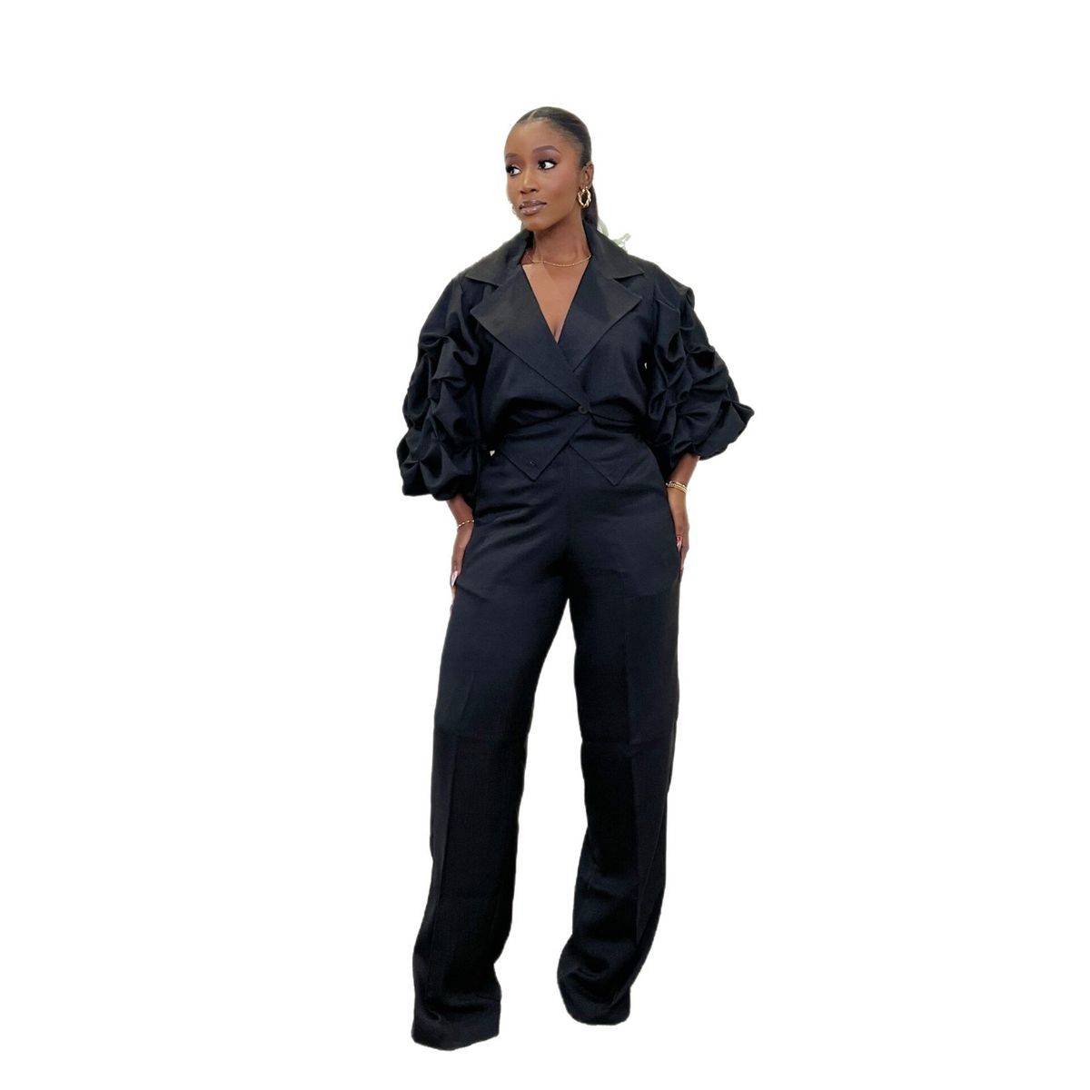 Pendler-Set im Damenkleidungsstil – Bluse mit weitem Revers und Hose mit Plisseeärmeln_voghion.com