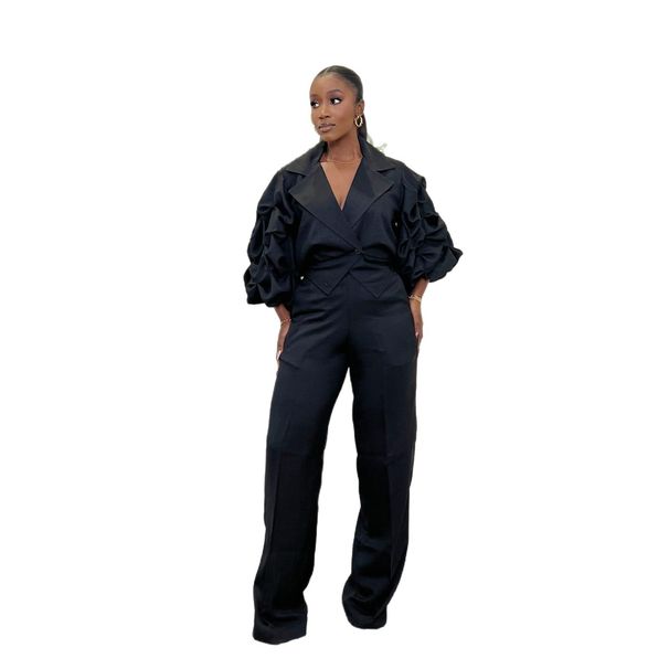 Pendler-Set im Damenkleidungsstil – Bluse mit weitem Revers und Hose mit Plisseeärmeln_voghion.com