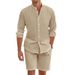 Herren-Set aus Leinenhemd und Shorts – langärmlige hawaiianische Strandkleidung, locker sitzendes, lässiges Sommeroutfit_voghion.com