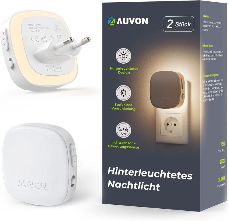 AUVON Night Light Plug With Motion Sensor And Dusk Sensor 2 Pack Warm White LED Adjustable Brightness 1-50 Lm For Hallway Stairs Bedroom_voghion.com