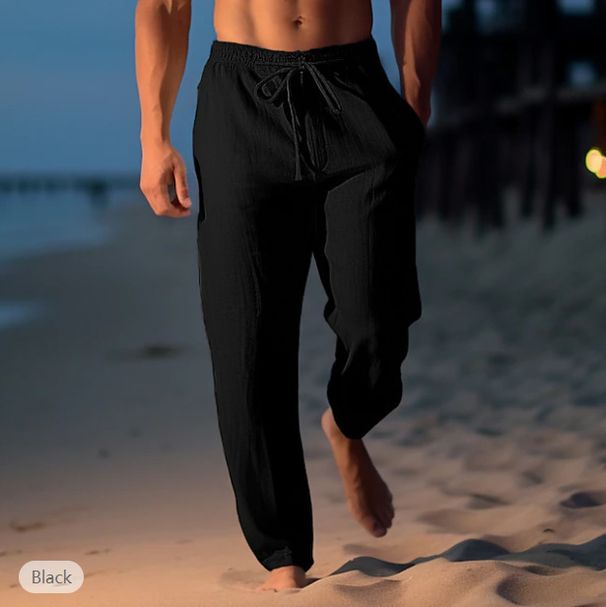 Men's Cotton Linen Pants Summer Casual Beach Drawstring Elastic Waist Straight Leg Breathable Comfortable Trousers_voghion.com
