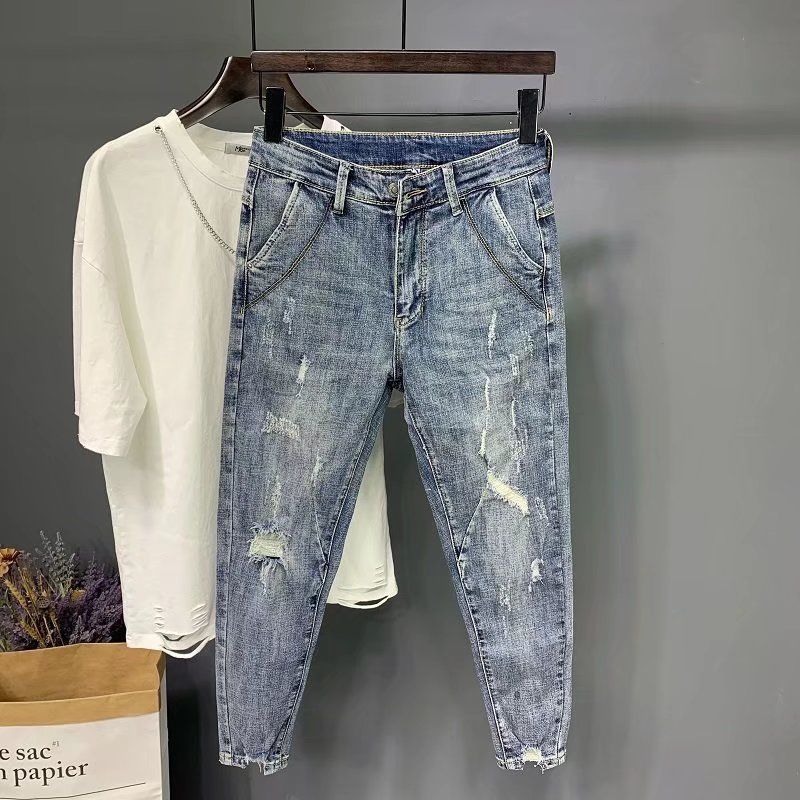 Distressed Jeans für Herren im Herbsttrend Slim Fit Small Foot Beggar mit angesagter koreanischer Stretchmode Casual Cropped_voghion.com