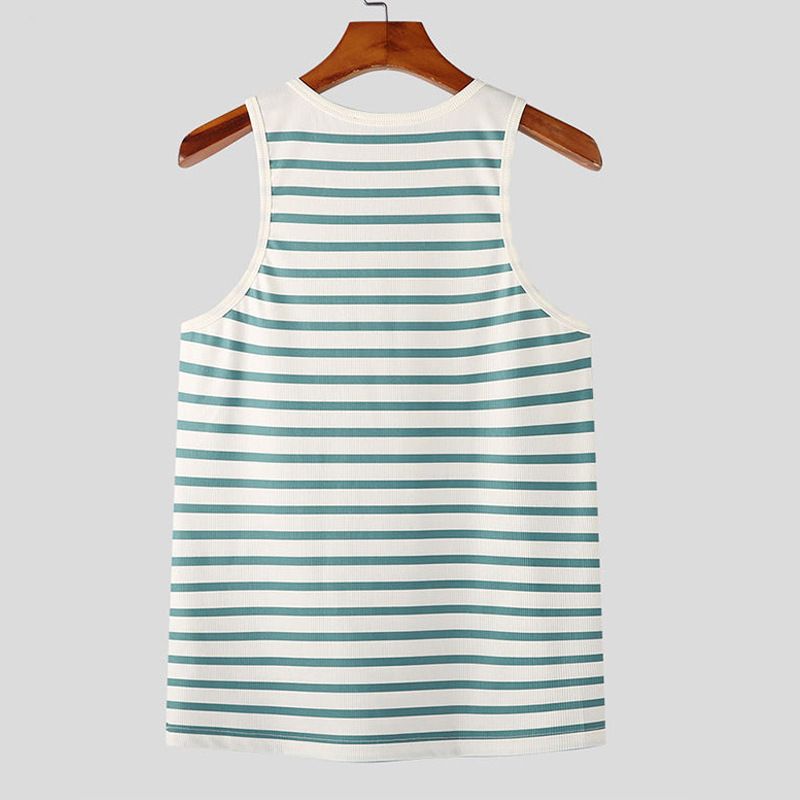 Men's Clothing New Striped Men's Vest Elastic Slim T Shirt Fashionable Metal Button Camisole Vest_voghion.com
