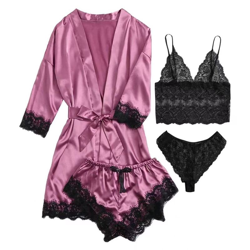Ny europæiske og amerikanske kvinders pyjamas 4-delt blonde satin hofteholder pyjamas kvinders sommerdragt med natkjole og natkjole engros_voghion.com