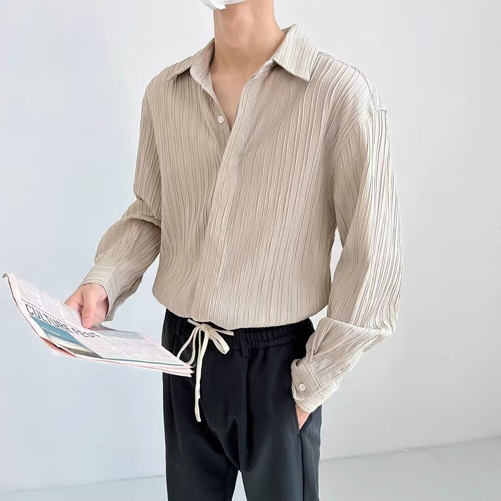 Advanced Style Shirt Herren Langarm Plissee Shirt Ice Silk New Style Cool Casual Top Herren_voghion.com