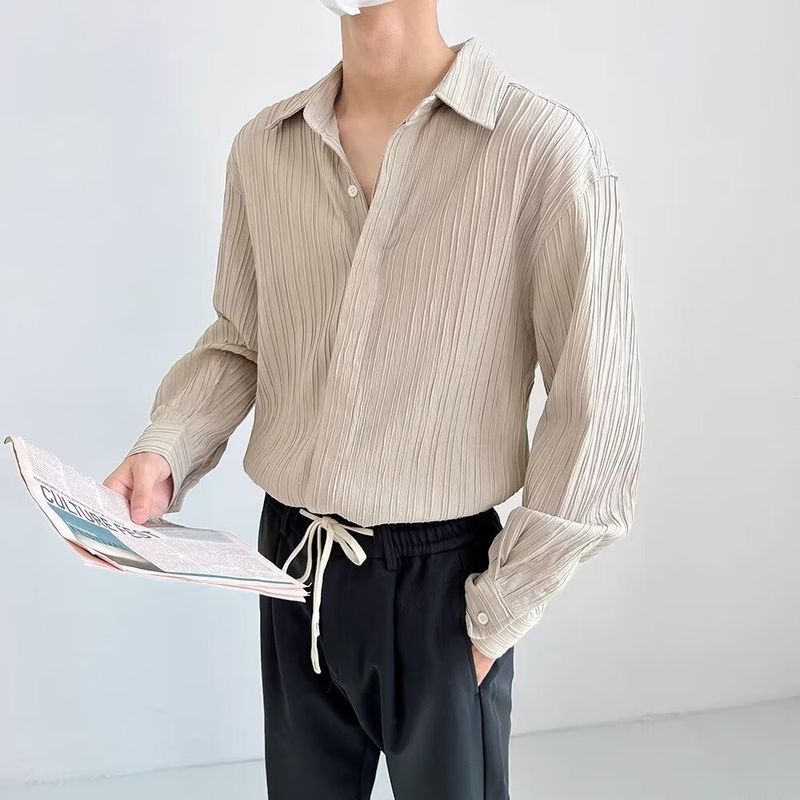 Advanced Style Shirt Men's Long Sleeved Pleated Shirt Ice Silk New Style Cool Casual Top Men_voghion.com