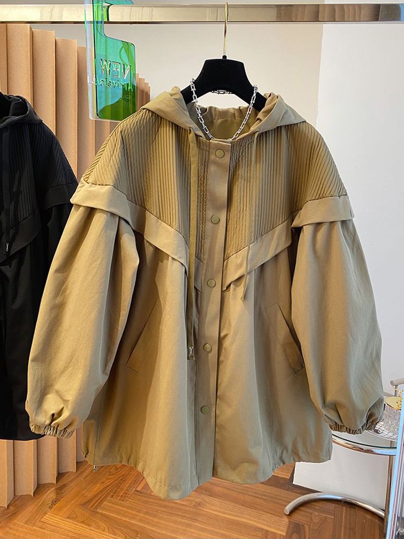 2023 otoño mujer Patchwork abrigo de gran tamaño con capucha moda ropa de calle coreana Casual caqui negro abrigo cortavientos para mujer_voghion.com