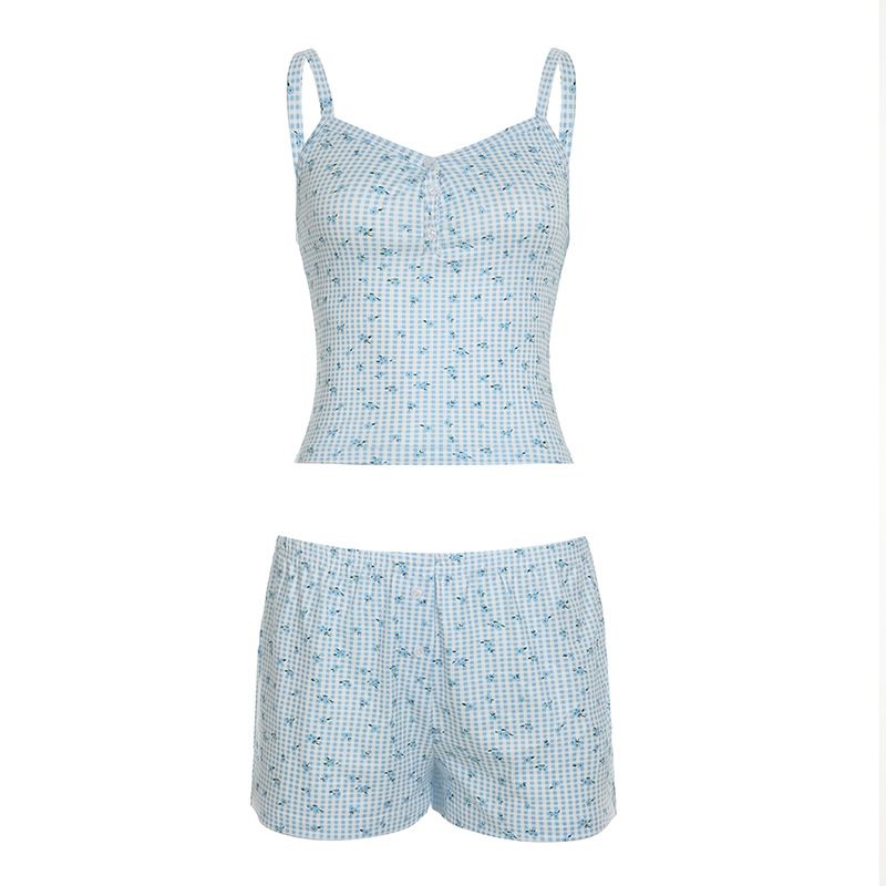​​"Floral & Checkered Lounge Set – Sleeveless Top & Elastic Shorts (S-L) | Soft & Stylish"​​_voghion.com
