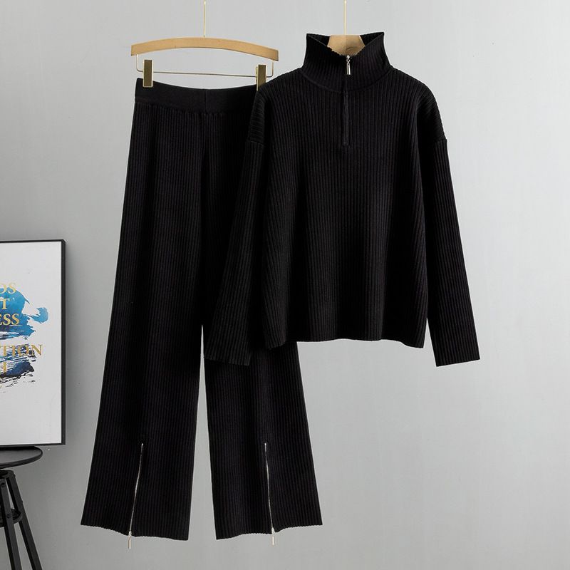 Women's Clothing solid color knitted high collar zipper sweater suit women's clothing 2024 autumn and winter fashion casual sweater suit_voghion.com