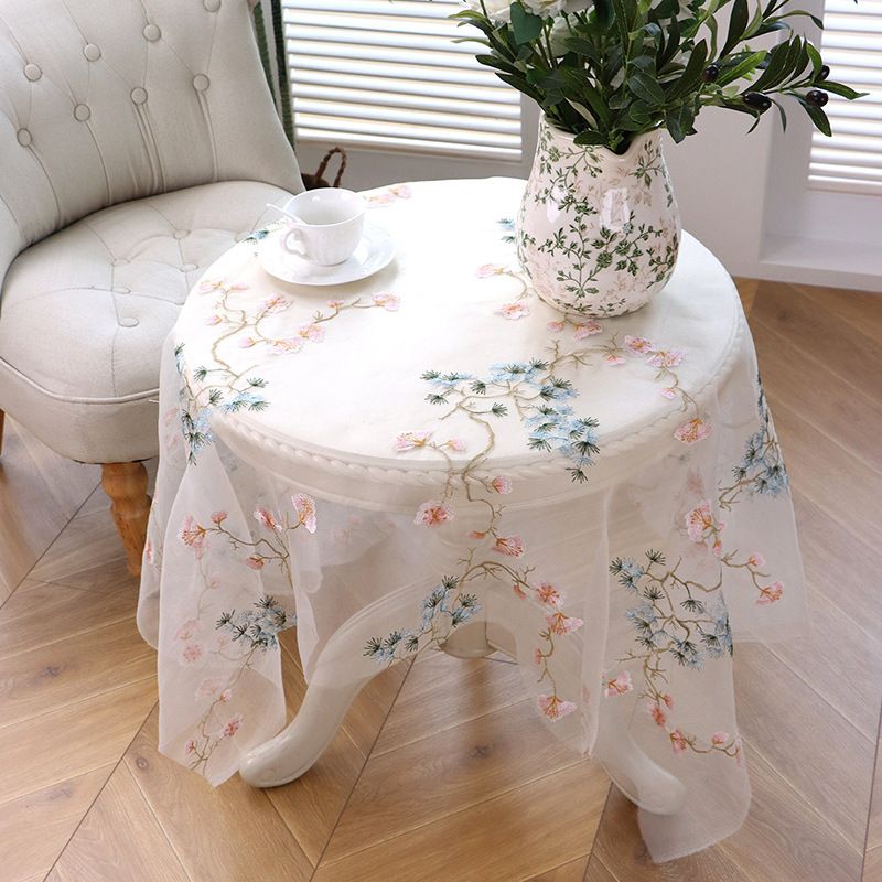 Elegant New Chinese Style Embroidered Tablecloth – Pine Tree Embroidery On Sheer Polyester Fabric, Photography Backdrop, Home Decor_voghion.com