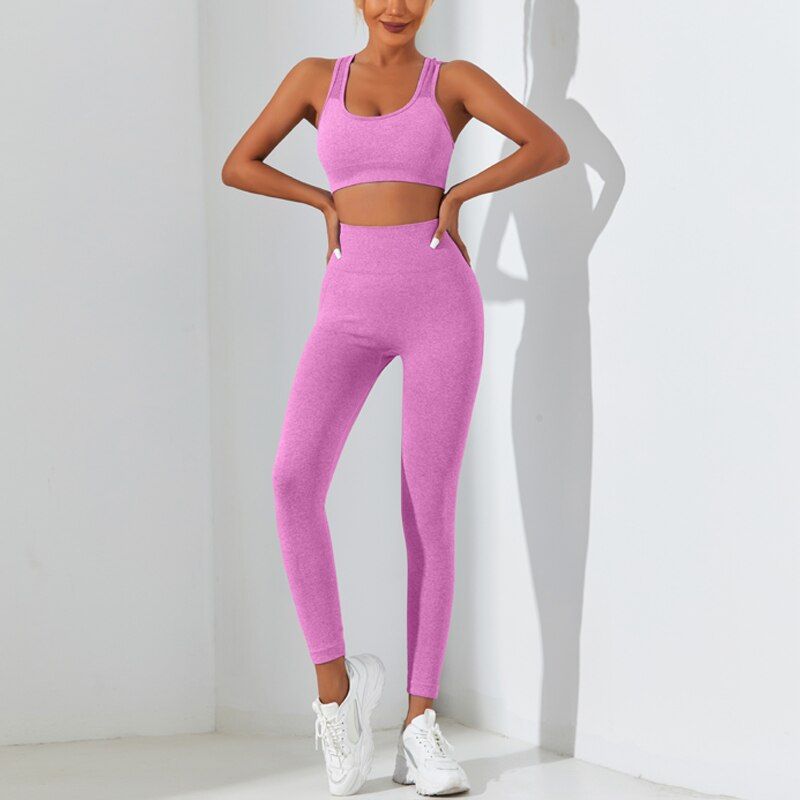 Conjunto de 2 piezas de yoga básico sin costuras de alta elasticidad, conjunto de chándal para gimnasio, camisola cruzada en la espalda, leggings que se ajustan a la cadera y controlan el abdomen_voghion.com