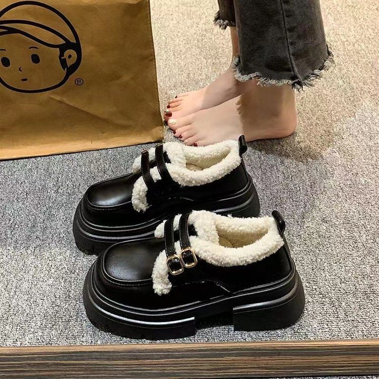 Damen-Leder-Loafer im britischen Stil mit Fleecefutter und dicker Sohle, flauschige Loafer 2025, neue warme Baumwoll-Einzelschuhe_voghion.com