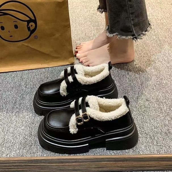 Damen-Leder-Loafer im britischen Stil mit Fleecefutter und dicker Sohle, flauschige Loafer 2025, neue warme Baumwoll-Einzelschuhe_voghion.com