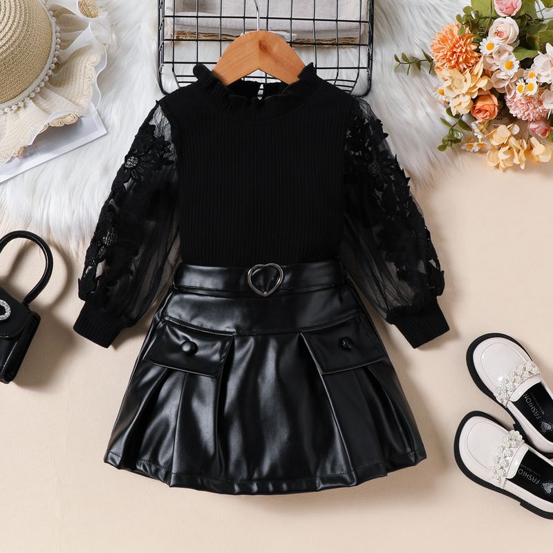 "Set autunnale alla moda per ragazze: top con maniche a rete + gonna in similpelle (90-130 cm)"_voghion.com