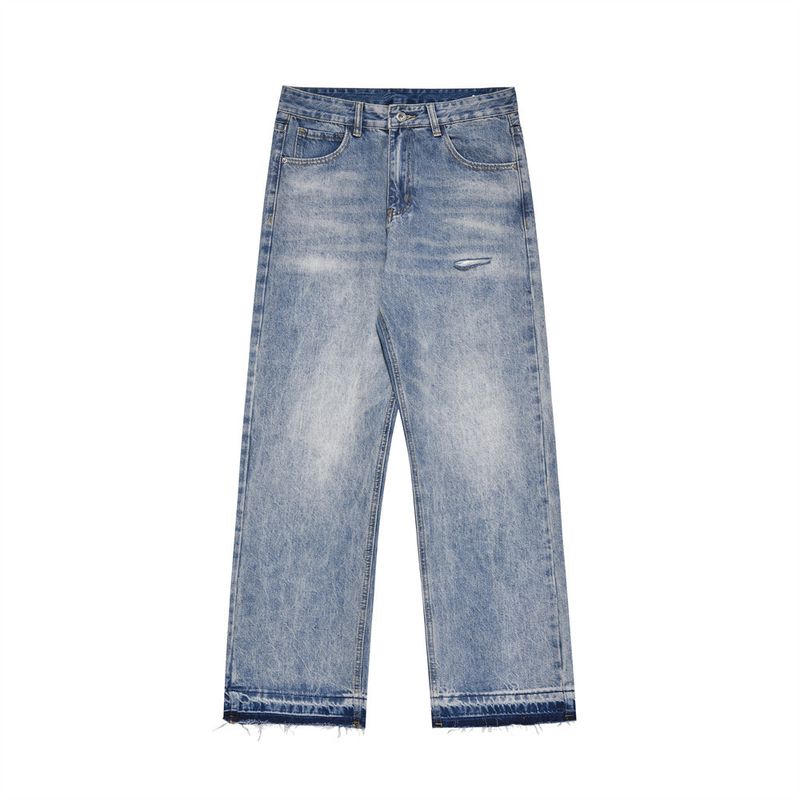 Herrenbekleidung, gewaschene Raw-Edge-Jeans, handgetragene, gerade Herrenhose_voghion.com