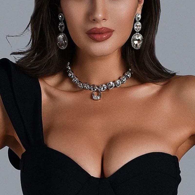 New Rhinestone Accessories, Simple High-end Necklace Set, Multi-layer Round Earrings Jewelry Set_voghion.com