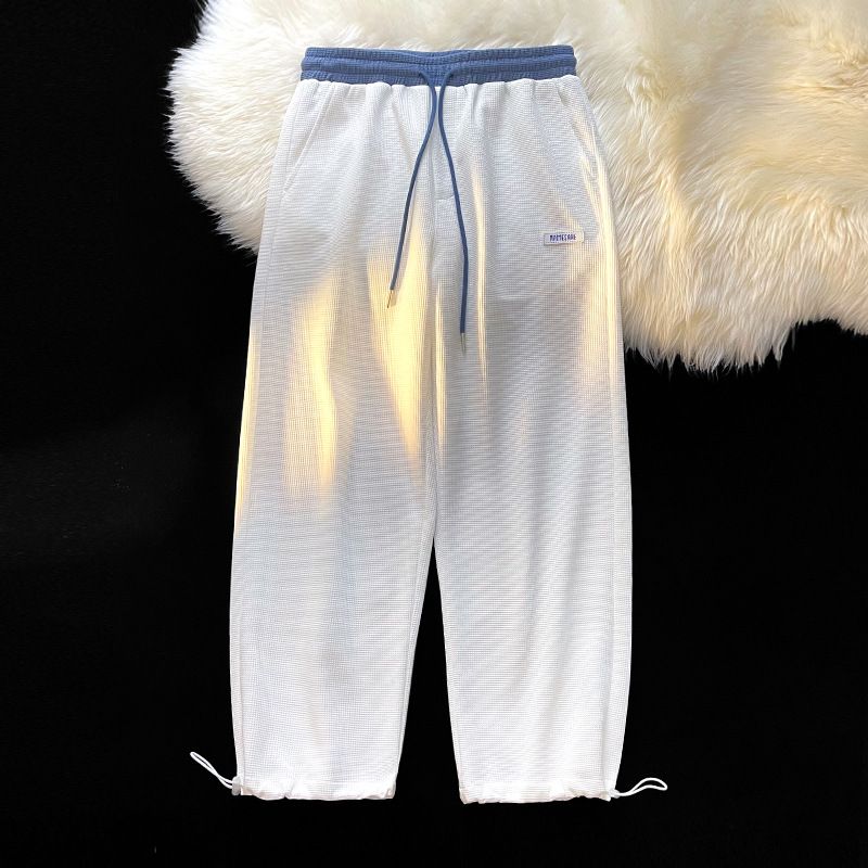 Męskie spodnie dresowe z dzianiny waflowej - lekkie, przewiewne i stylowe, codzienne spodnie dresowe na lato, odzież uliczna i wypoczynkowa ze ściągaczem w pasie_voghion.com