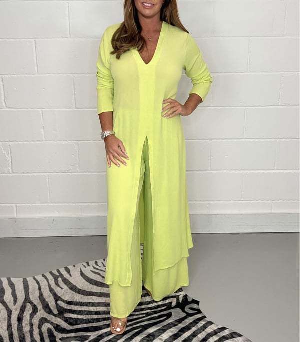 Damenbekleidung Frühling und Sommer Neue Kleidung V-Ausschnitt Langarm Split Tops und Hosen Zweiteiliges Set_voghion.com